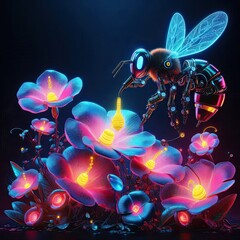 A robotic bee extracting neon honey from futuristic glowing flowers