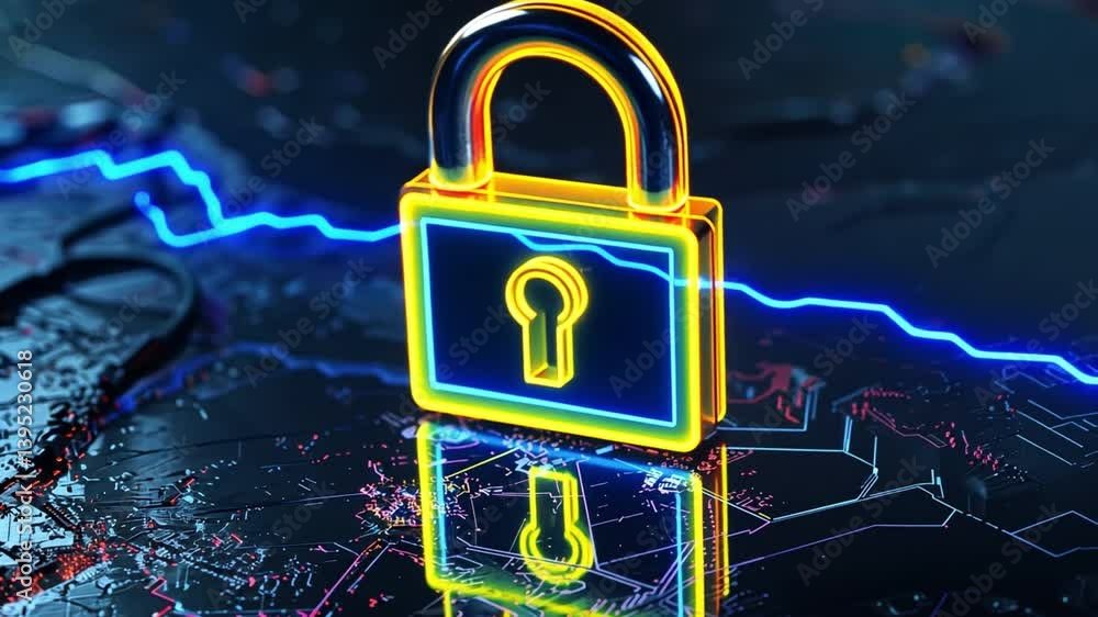 Poster glowing padlock symbol of security and protection in digital background with circuit patterns and ne