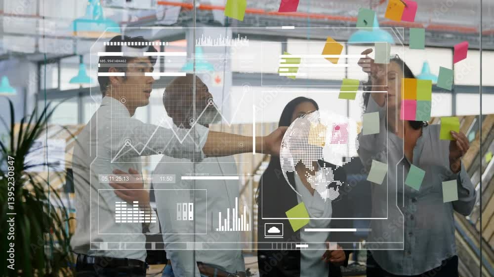 Poster business team collaborating with data analytics animation overlay in modern office