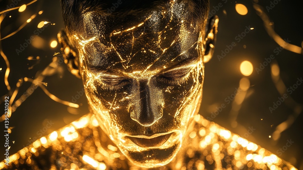 Poster under enchanting, soft light, a man with shimmering golden metallic skin reflects a serene expressio