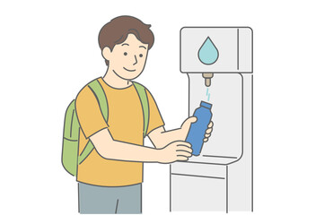 Man Refilling a Reusable Water Bottle at a Water Dispenser