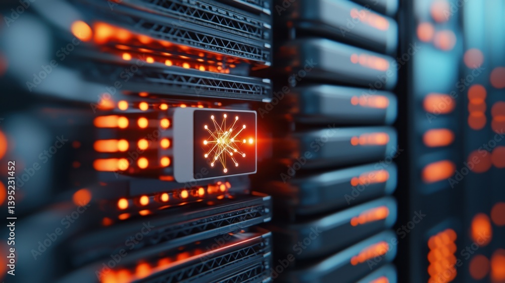 Poster close-up of quantum computer processing unit with vibrant led lights illuminating complex technology