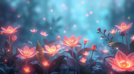 Fototapeta premium Luminescent Pink Flowers in Mystical Blue Twilight