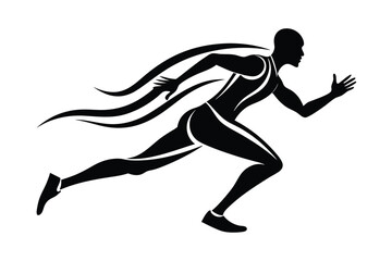 Black Silhouette of Athlete Running Fast with Motion Trails on Isolated White
