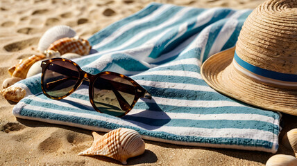 hat and sunglasses on the beach