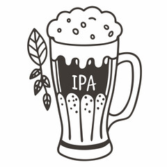 Hand drawn Craft IPA Beer Mug with Foam and Hop Leaf  Illustration