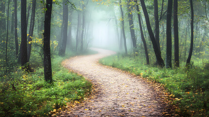 Fototapeta premium Enigmatic journey: a winding path shrouded in mist through the silent forest. Wandering Mist. Illustration