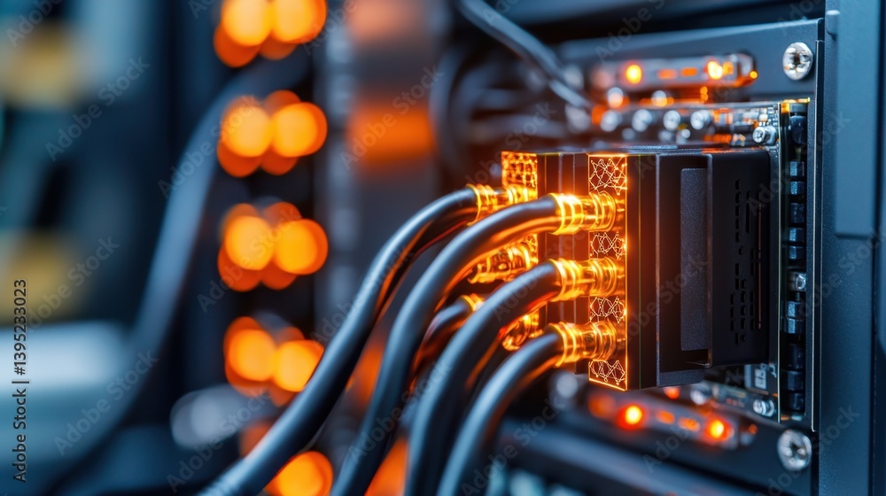 Poster close-up of quantum computer running cryptography tasks with intricate wiring and vibrant orange lig