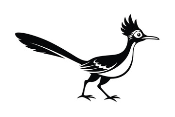 Striking Black Silhouette Roadrunner Bird Icon, Crested Head, Sharp Beak, Running Pose
