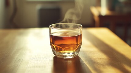 A steaming glass of tea sits invitingly on a sunlit wooden table, exuding warmth and comfort amidst a cozy atmosphere.