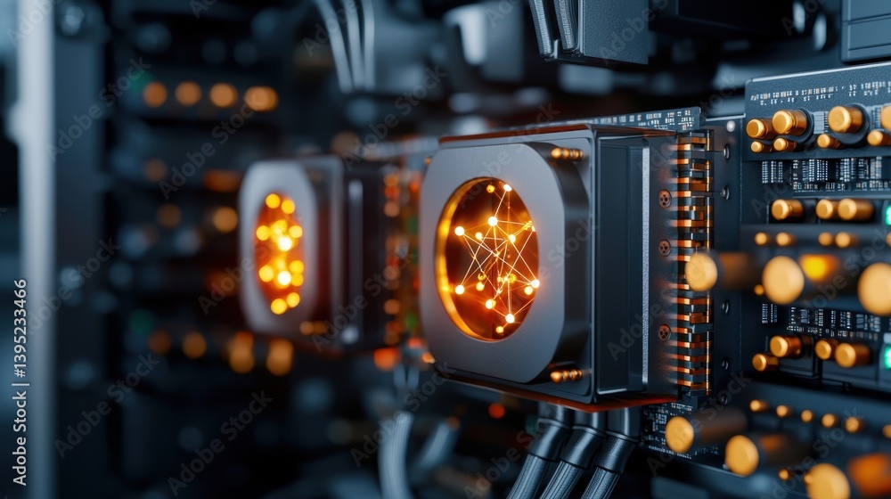 Poster quantum computer close-up showcasing advanced cryptographic processing and state-of-the-art technolo
