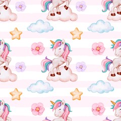 Pastel Unicorn Pattern on Clouds with Stars and Flowers, Striped Background