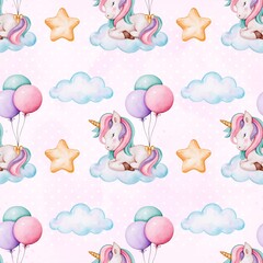 Seamless Unicorn Pattern with Stars and Clouds,  Pink Pastel Background