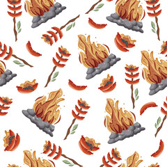 seamless pattern with an icon of fried sausages on an open fire on a wooden stick with green leaves and a bright hearth with gray stones around it