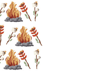 poster with an icon of roasted marshmallows and sausages on an open fire on a wooden stick with green leaves and a bright hearth with gray stones around it