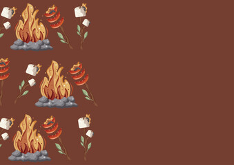 poster with an icon of roasted marshmallows and sausages on an open fire on a wooden stick with green leaves and a bright hearth with gray stones around it on a red background