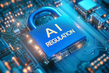 Blue padlock labeled AI regulation on digital microchip background, concept for artificial intelligence data security, policy enforcement, and compliance