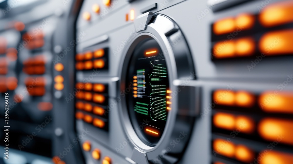 Poster futuristic cybersecurity center featuring quantum computing elements and advanced technology display
