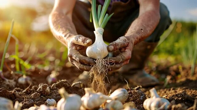 a farmer collects garlic. Selective focus