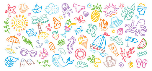 Kid summer beach crayon background. Doodle sea bg. Cute hand drawn sketch flower, sun, cloud, wave, palm, whale, beach umbrella, boat icon. Line crayon vector element. Summer kid color pencil drawing