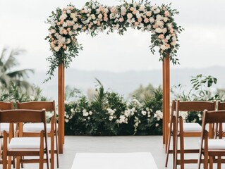 Fototapeta premium Elegant floral wedding arch with chairs at outdoor ceremony