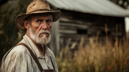 Obraz premium old farmer portrait rustic barn background