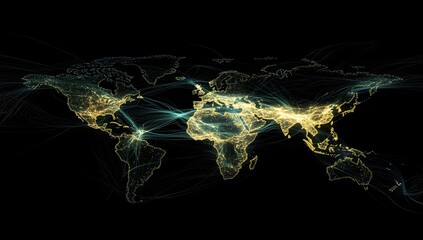 World map with glowing connections showing global network or data flow on black.