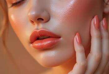 Naklejka premium Woman's Face with Glossy Lips and Hand Touching Skin Close-up