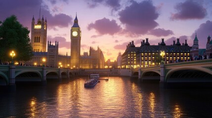 Fototapeta premium Sunset over River Thames with Big Ben and City Skyline Reflections