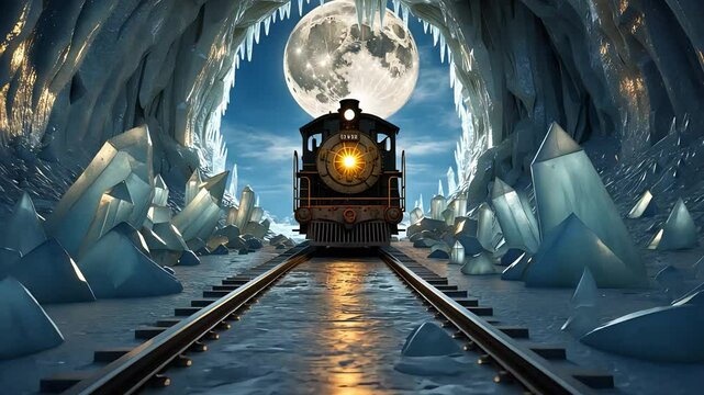 Steam locomotive train exiting an icy crystal cave with a glowing headlight and large full moon in a surreal night landscape

