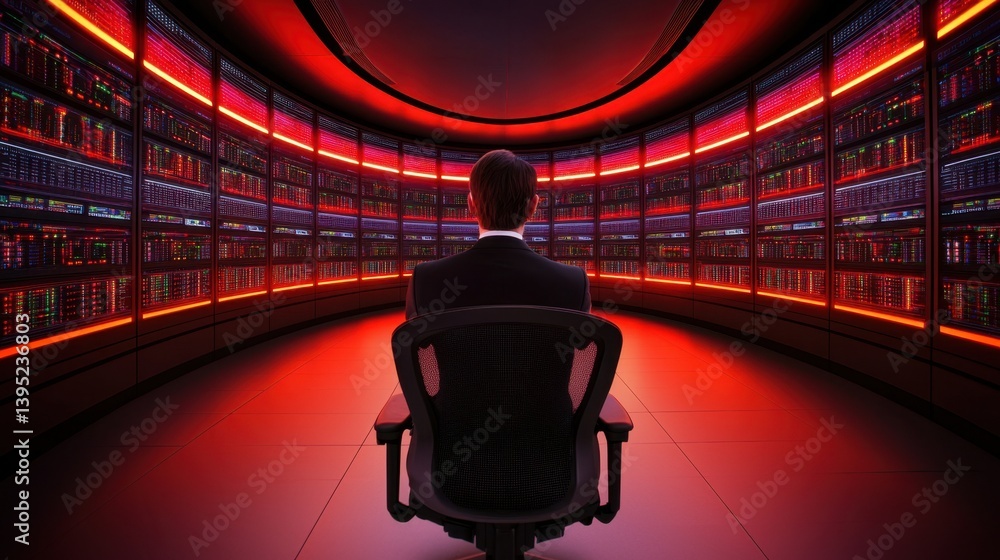 Poster futuristic cybersecurity center with quantum computing and advanced technology displays in dark atmo