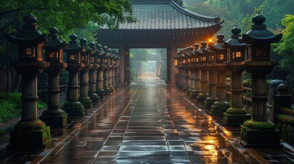 Fototapeta premium Misty Japanese temple path with lanterns
