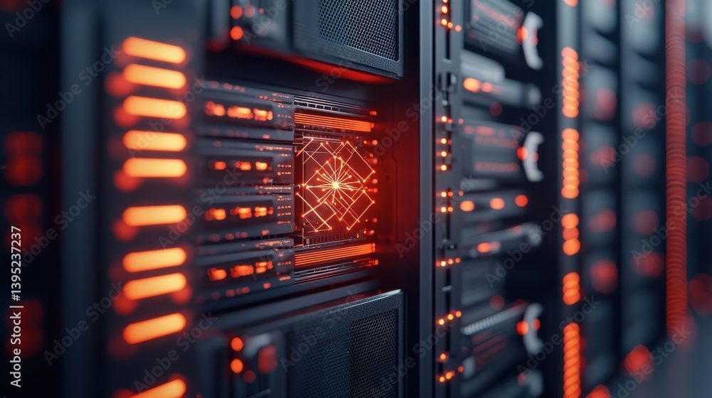 Poster futuristic quantum computing lab with glowing qubit technology and high-tech server infrastructure