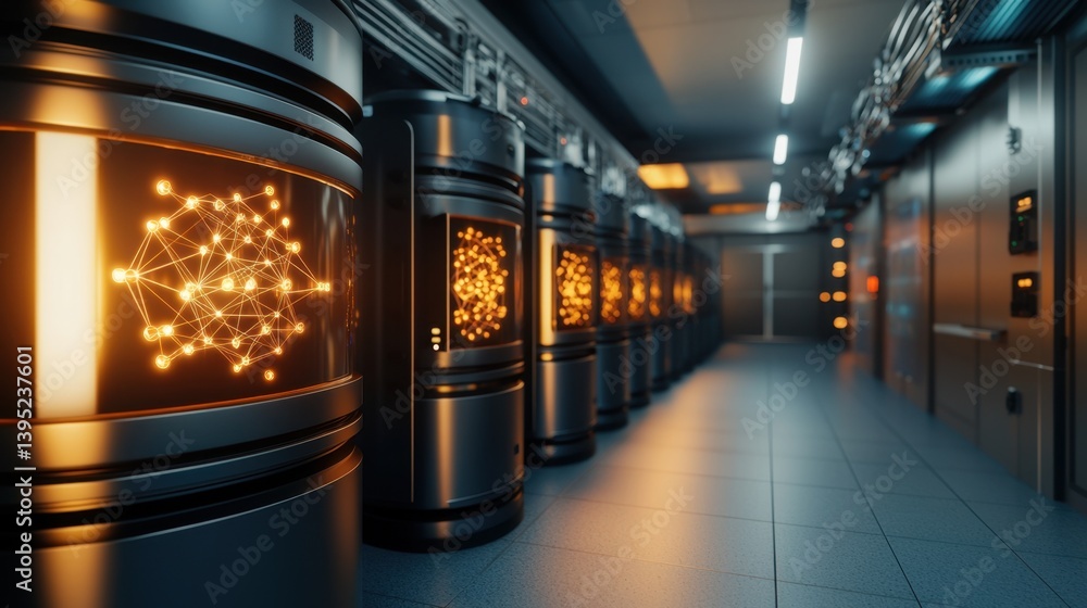 Poster futuristic quantum computing lab with glowing qubits in advanced technology environment