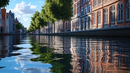 Obraz premium Tranquil Waterway Surrounded by Historic Buildings Under Clear Sky