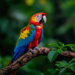 Fototapeta premium [Tropical parrot perched on branch] Vibrant Tropical Parrot Perched in Lush Greenery Surroundings
