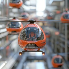 Personal air vehicles hovering at a futuristic urban skyport, vibrant details emphasizing innovation, [individual transport], [vertical mobility].