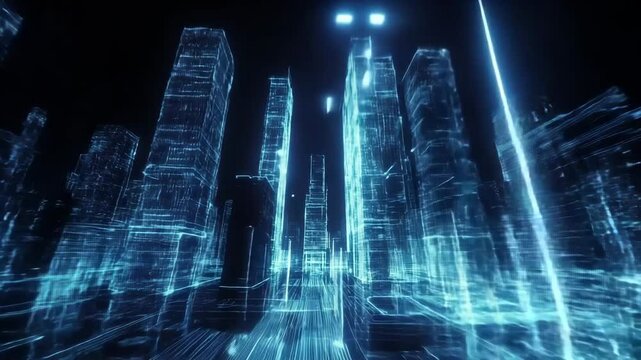 Holographic wireframe cityscape glowing in neon blue light. A futuristic digital city ideal for smart city concepts, sci-fi animations, or high-tech background visuals.

