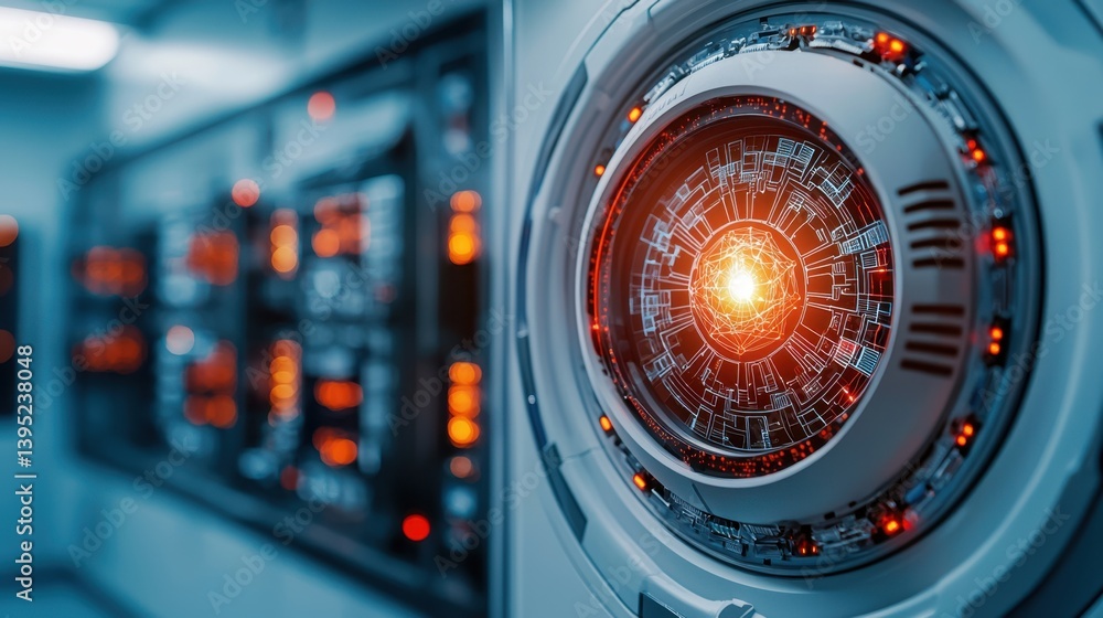 Poster high-tech cybersecurity center featuring quantum computing technology and advanced digital interface