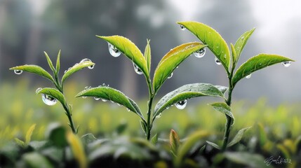Dewy tea leaves on plantation, misty morning background, beverage image