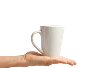 Elderly woman hand holding a white coffee mug on white background, perfect for showcasing your design