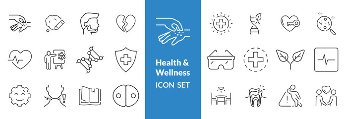 Set of  line icons related to wellness, wellbeing, mental health, healthcare, cosmetics, spa, medical. Outline icon collection. Editable stroke. Vector illustration 