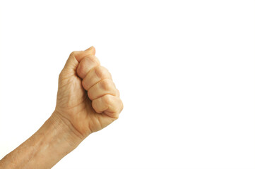 Wrinkled hand making fist or victory gesture, isolated on white background.Horizontal