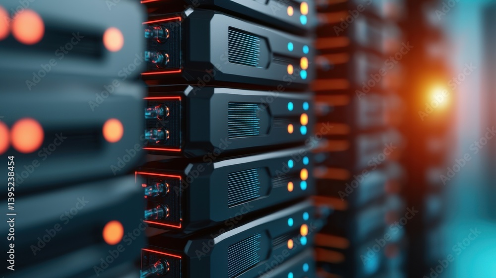 Poster advanced high-tech lab showcasing quantum computing systems with state-of-the-art servers and equipm