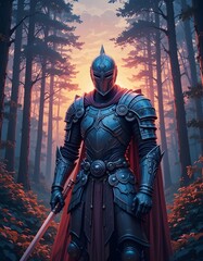 A Knight in Dark Forest Twilight, Majestically Holds Sword