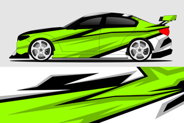 Obraz premium Sleek green sports car design featuring dynamic graphics, showcased against a minimalist background