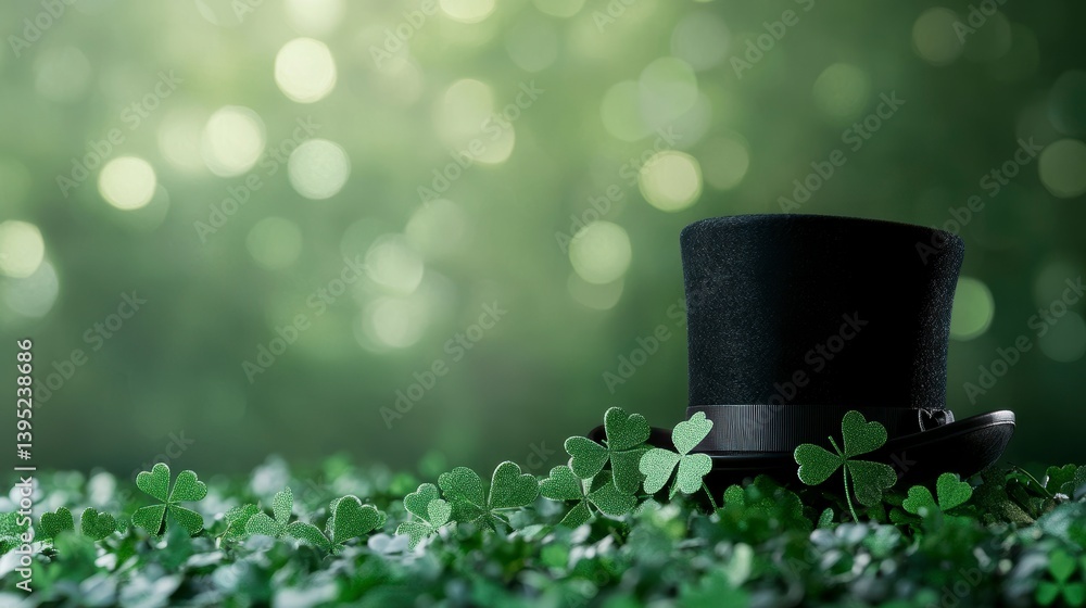 Poster black top hat rests on shamrocks against a bokeh background.