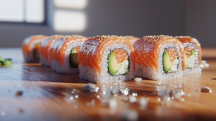 Cinematic macro shot of sushi rolls featuring salmon avocado rice and sesame seeds created with Generative AI technology