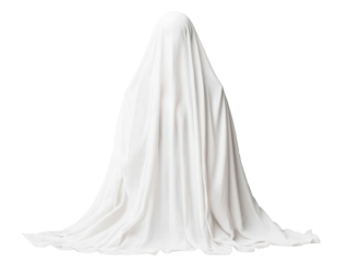 Ghostly figure draped in white fabric for Halloween decoration on a transparent background, cut out