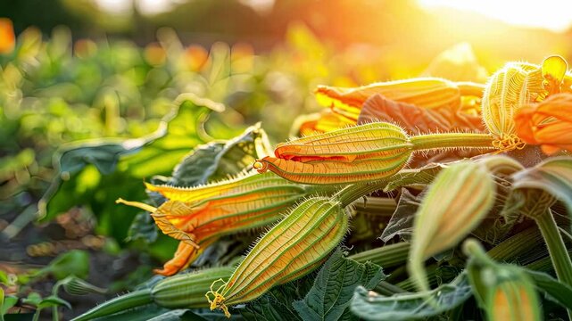 Close up of fresh courgettes or zucchini with flowers.